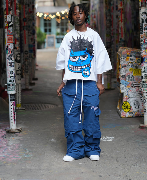 MONSTER BLUE WHITE CROPPED CREWNECK