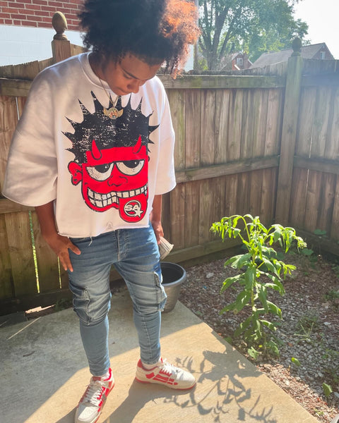 MONSTER RED WHITE CROPPED CREWNECK